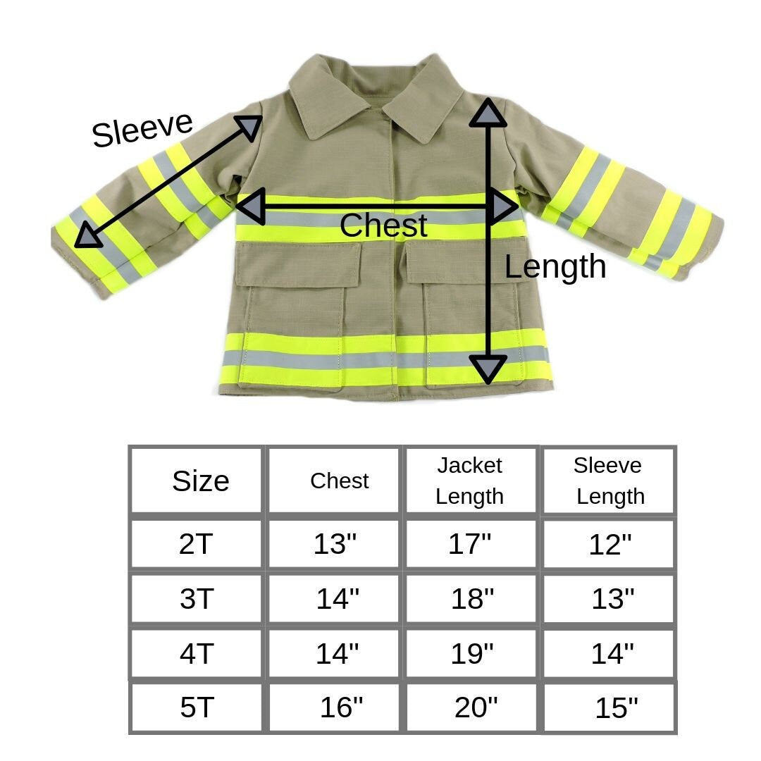 size chart for Firefighter toddler jacket 