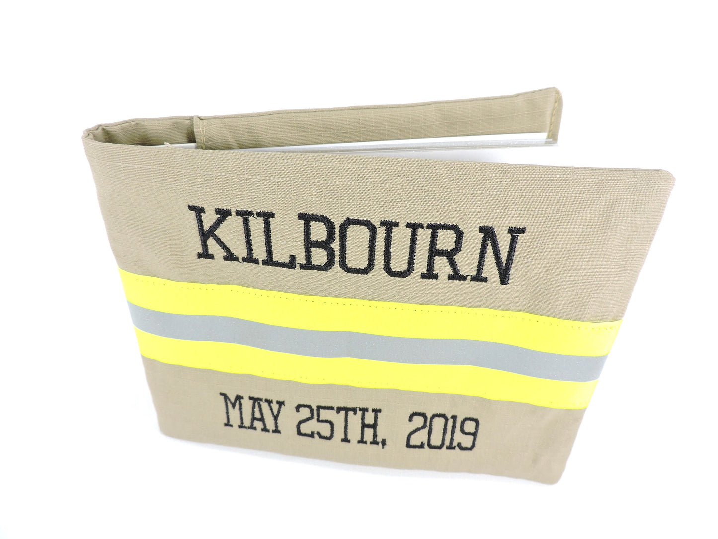 Tan Fabric and Neon Yellow Reflective Tape Firefighter Wedding Guestbook with a name and wedding date added