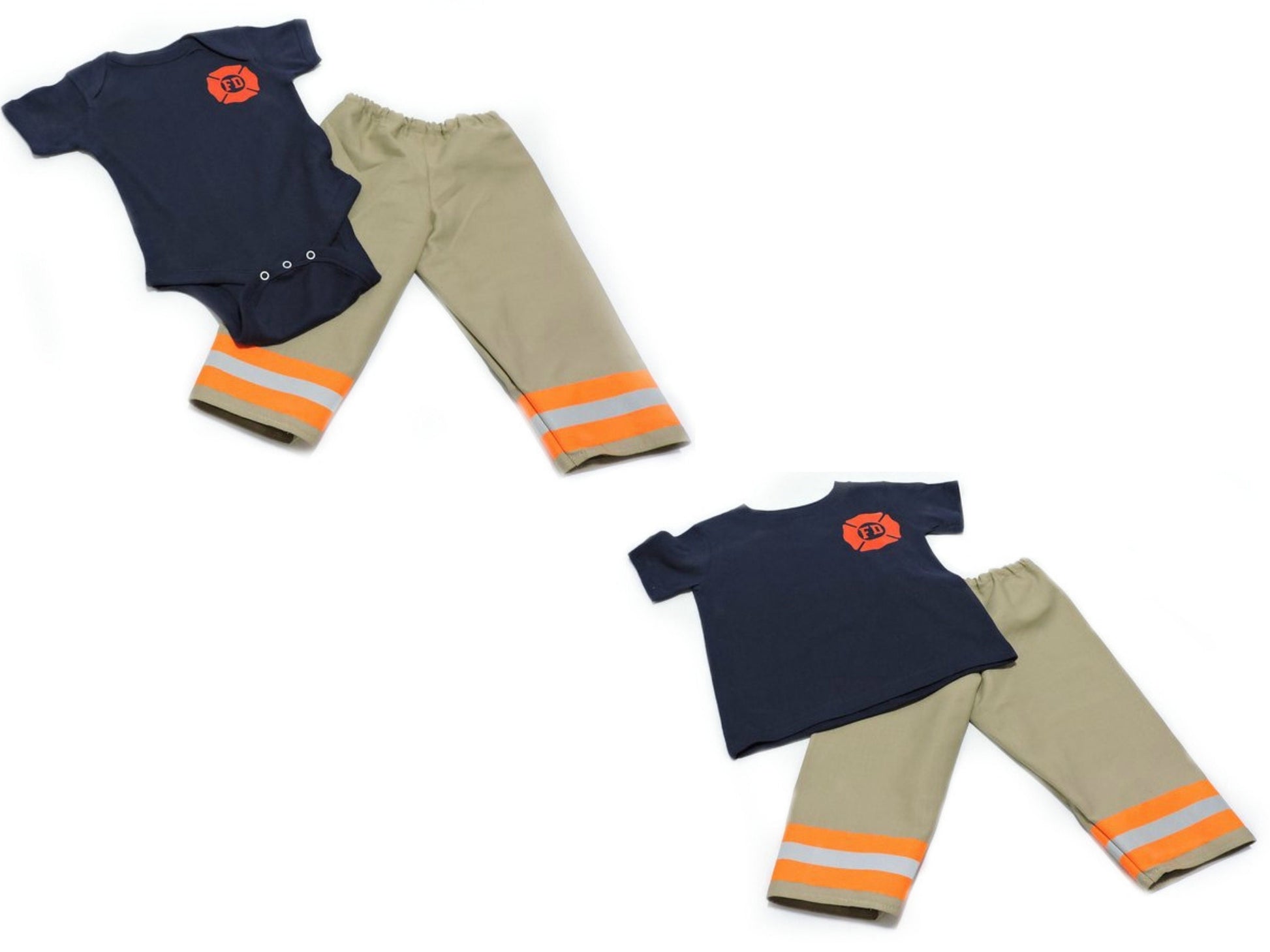 Tan fabric neon orange reflective tape Baby Boy Firefighter Costume