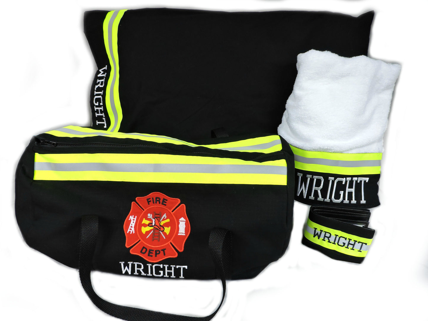 black fabric Firefighter Duffel bag, pillowcase, bath towel, wallet gift set