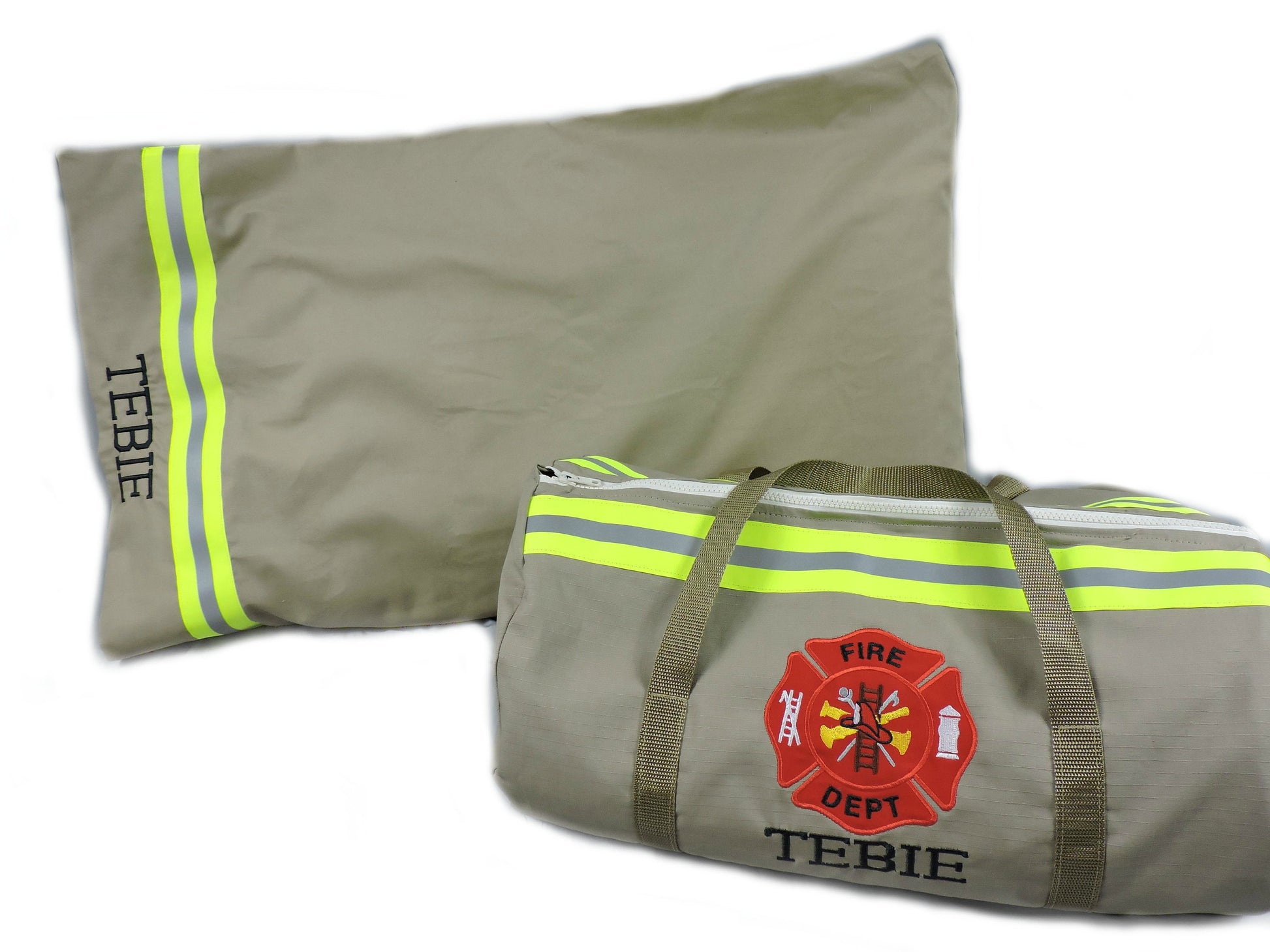 tan fabric Firefighter Duffel Bag and pillowcase gift set