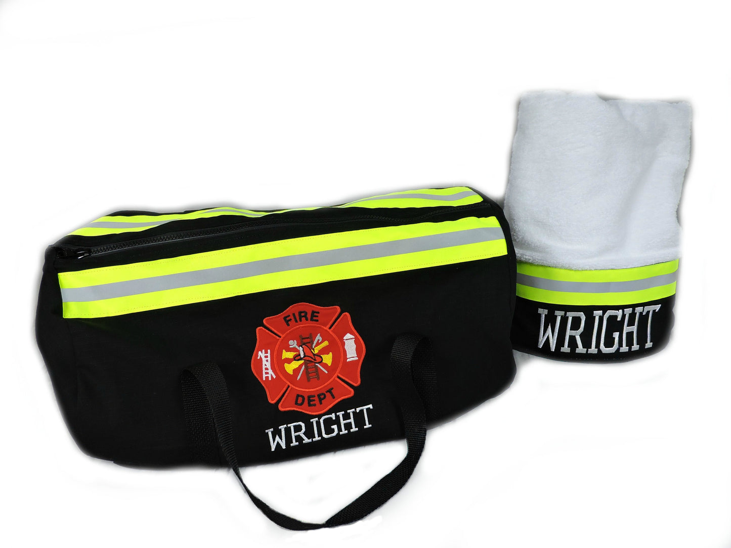 black fabric firefighter duffel bag and bath towel gift set