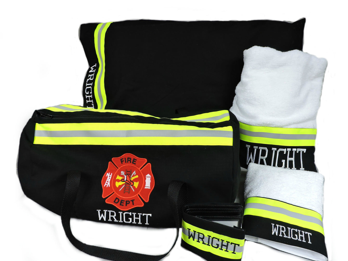 black fabric Firefighter Gift set with firefighter duffle bag, bath and hand towel, wallet and pillowcase
