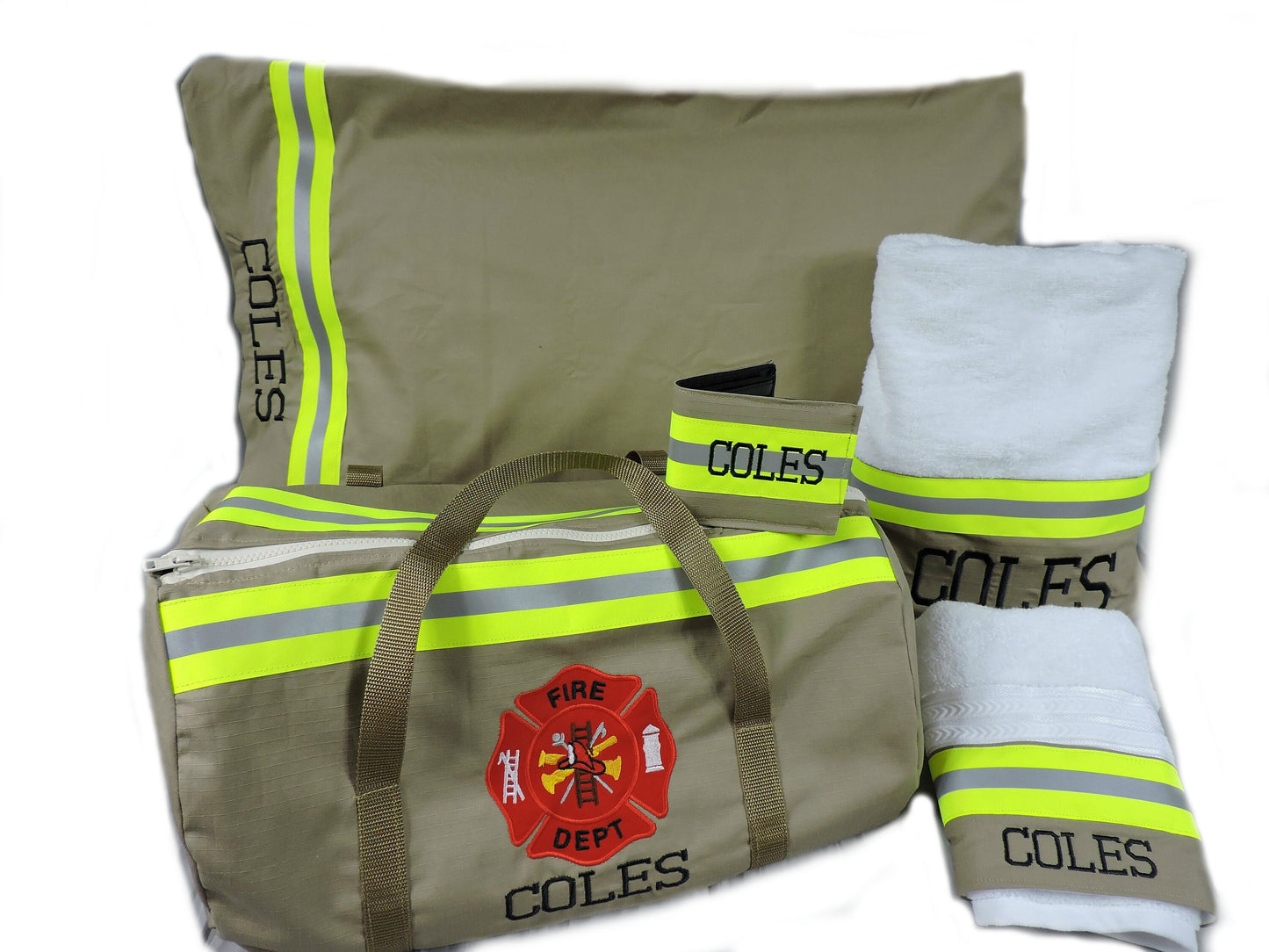 tan fabric Firefighter Gift set with firefighter duffle bag, bath and hand towel, wallet and pillowcase