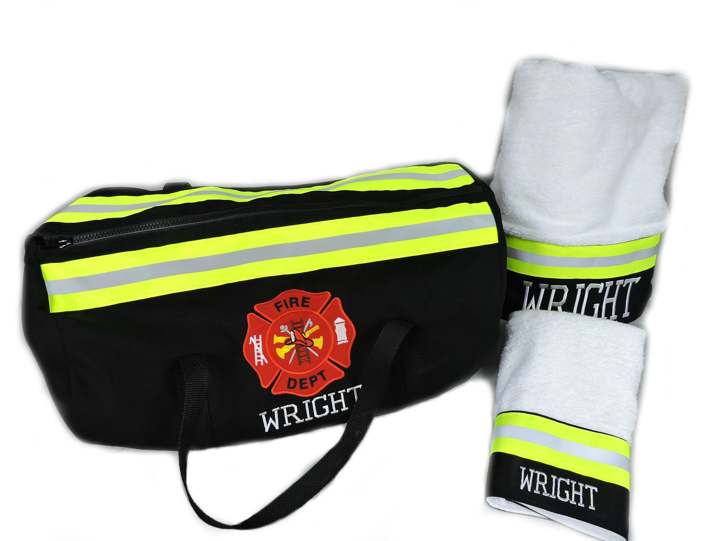 black fabric Firefighter Duffel bag, bath and hand towel gift set