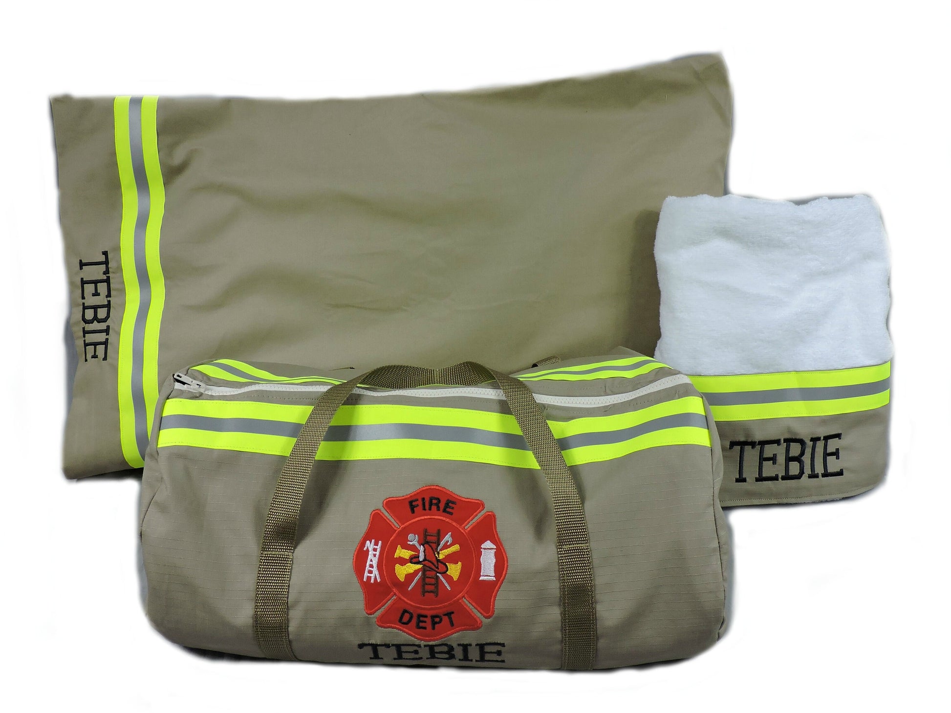 tan fabric Firefighter Duffel bag, pillowcase and bath towel gift set