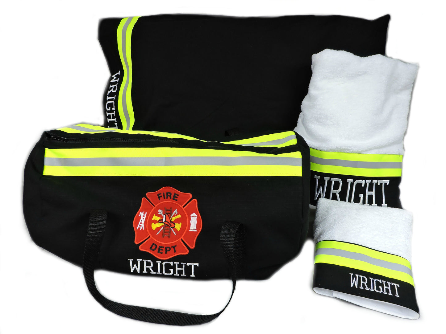 black fabric firefighter duffel bag, pillowcase, bath and hand towel gift set