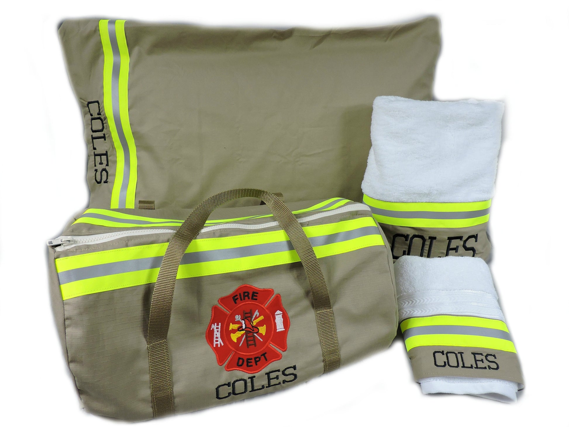tan fabric firefighter duffel bag, pillowcase, bath and hand towel gift set