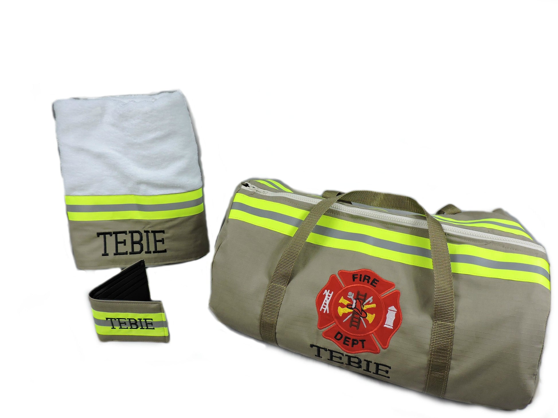 tan fabric firefighter duffel, bath towel and wallet gift set