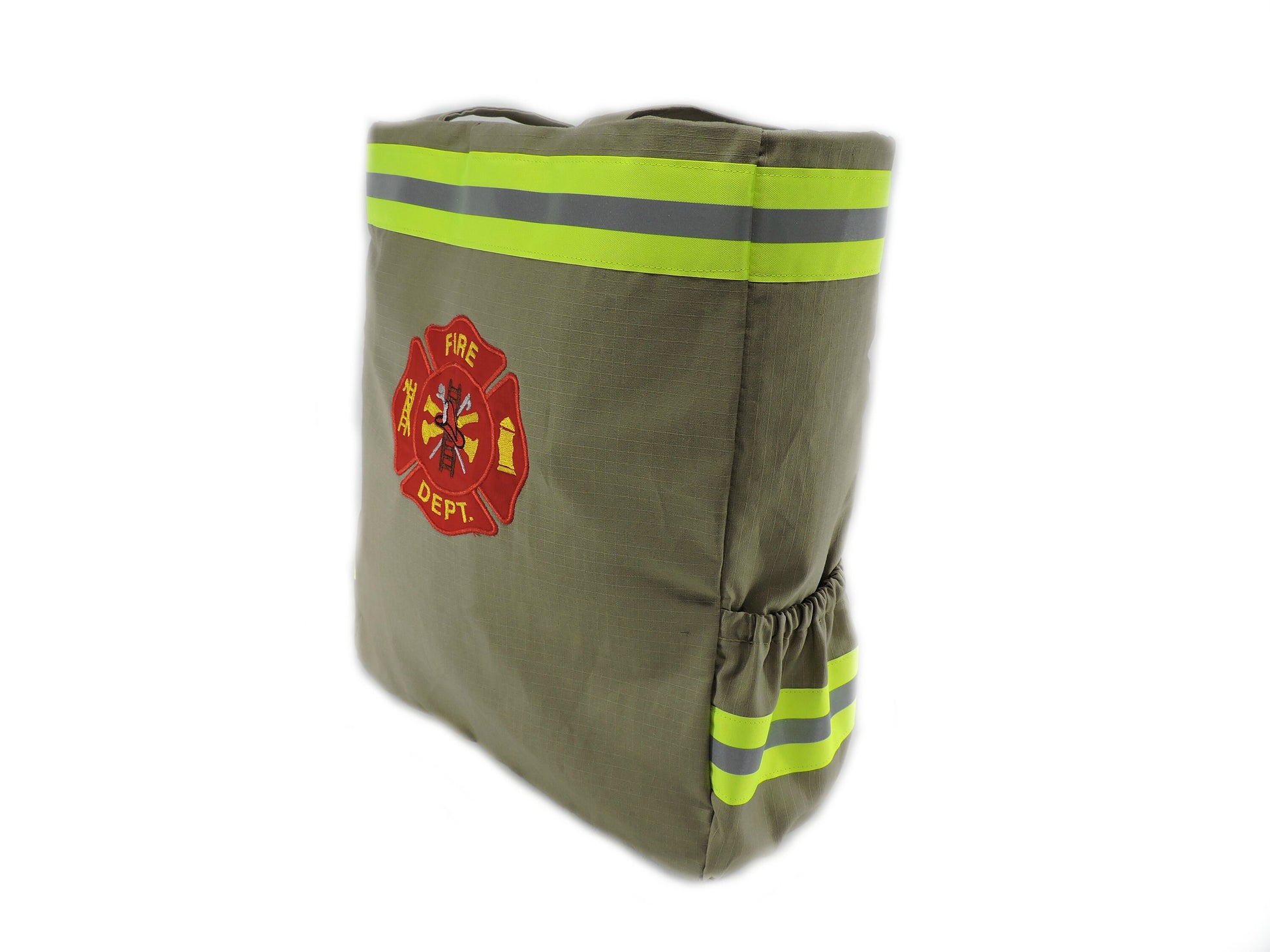 tan style firefighter diaper bag maltese cross on one side name on the other side