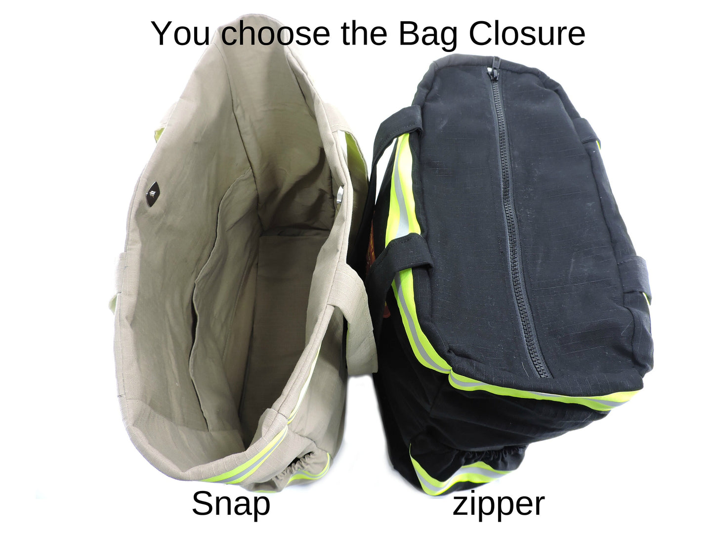 snap or zipper style of firefighter diaper bag