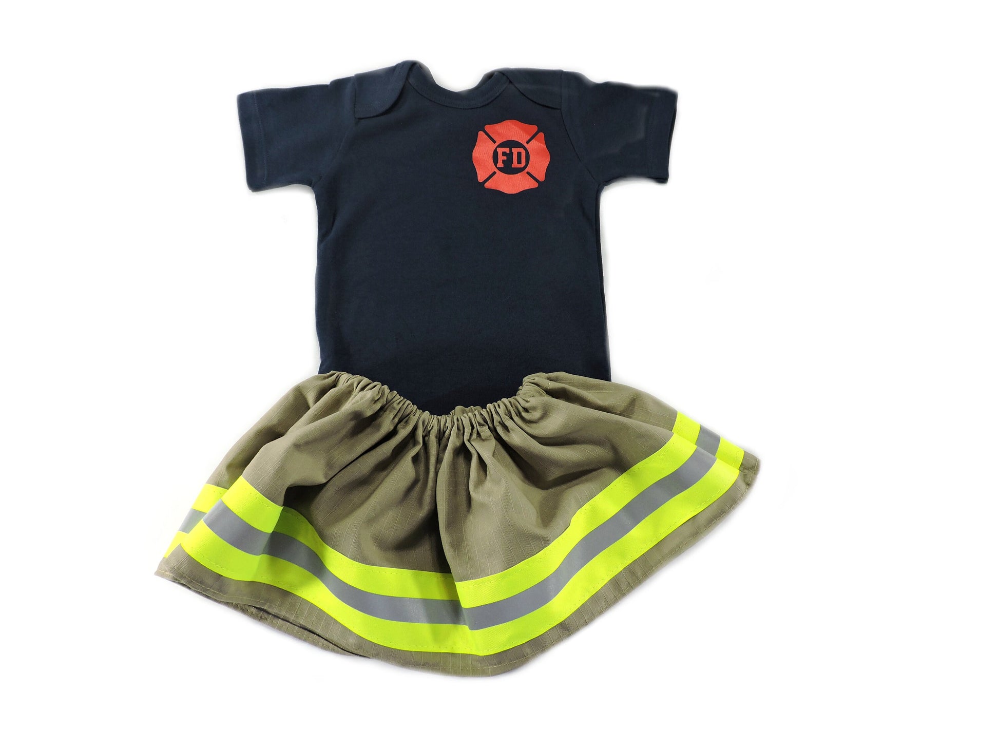 tan fabric baby girl firefighter outfit