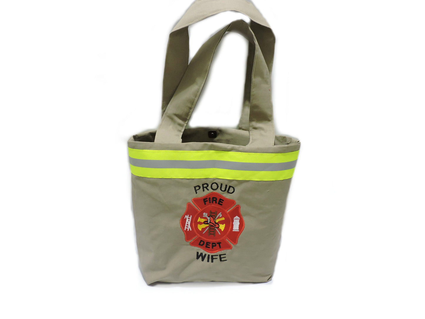 Tan Fabric Neon Yellow Reflective Tape Firefighter wife purse