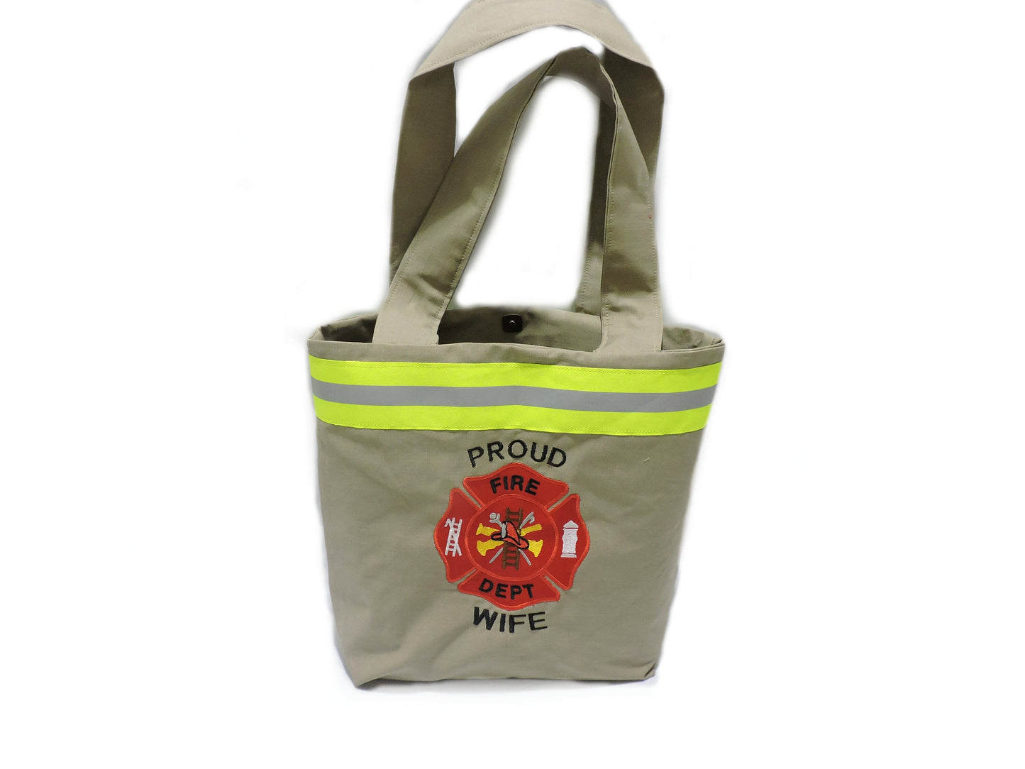 Tan Fabric Neon Yellow Reflective Tape Firefighter Wife Purse 