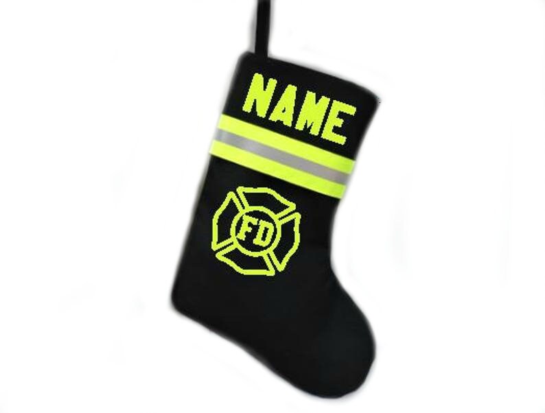 Black Fabric Neon Yellow Reflective Tape Firefighter Christmas stocking with maltese cross