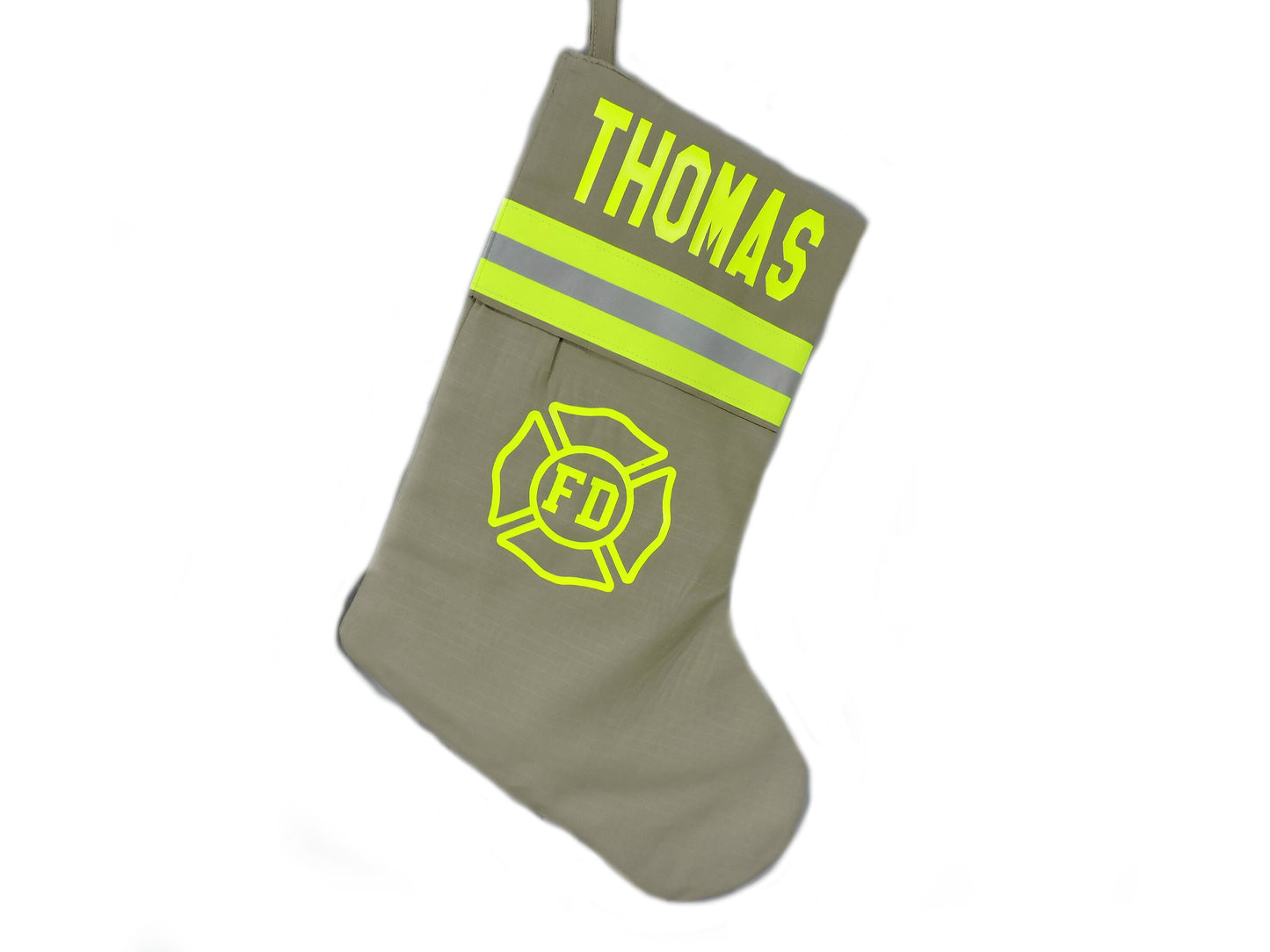 Tan Fabric Neon Yellow Reflective Tape Firefighter Christmas stocking with maltese cross
