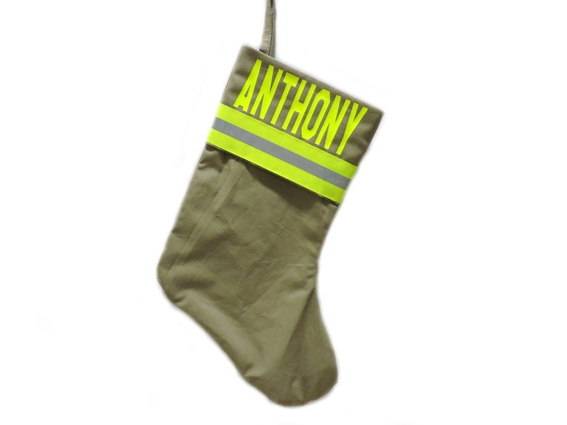 Tan Fabric Neon Yellow Reflective Tape Firefighter Christmas Stocking with name