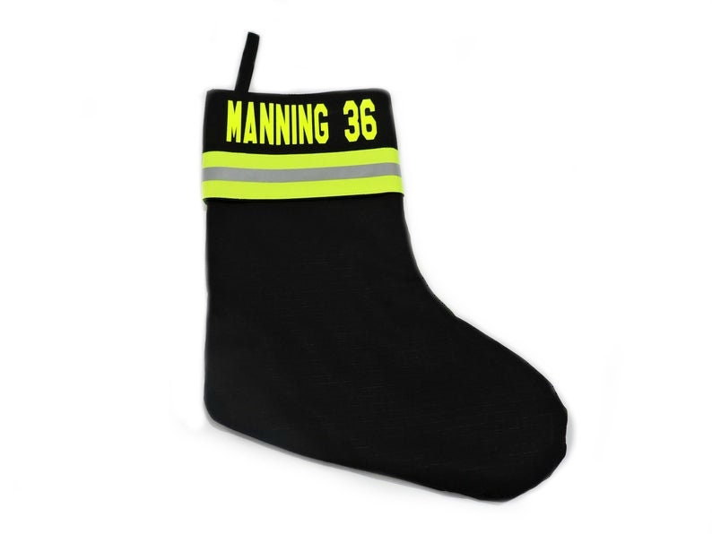 Black Fabric Neon Yellow Reflective Tape Firefighter Christmas Stocking with name