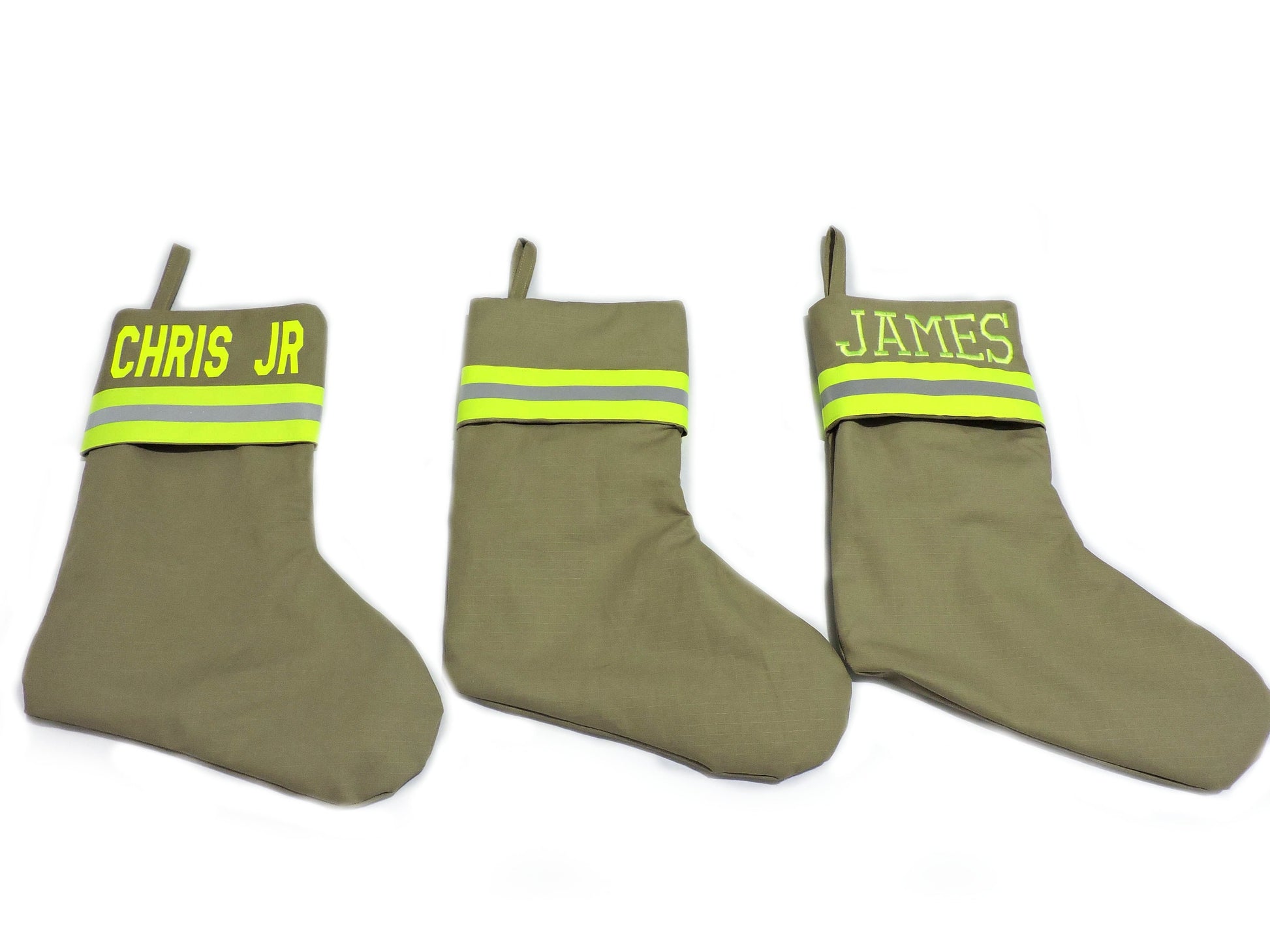 Tan Fabric Neon Yellow Reflective Tape Firefighter Christmas Stocking styles available