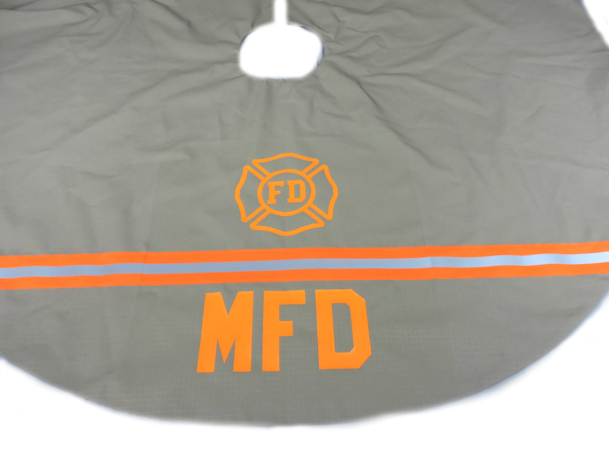Tan Fabric Neon Orange Reflective Tape Firefighter Christmas Tree Skirt with name and maltese cross