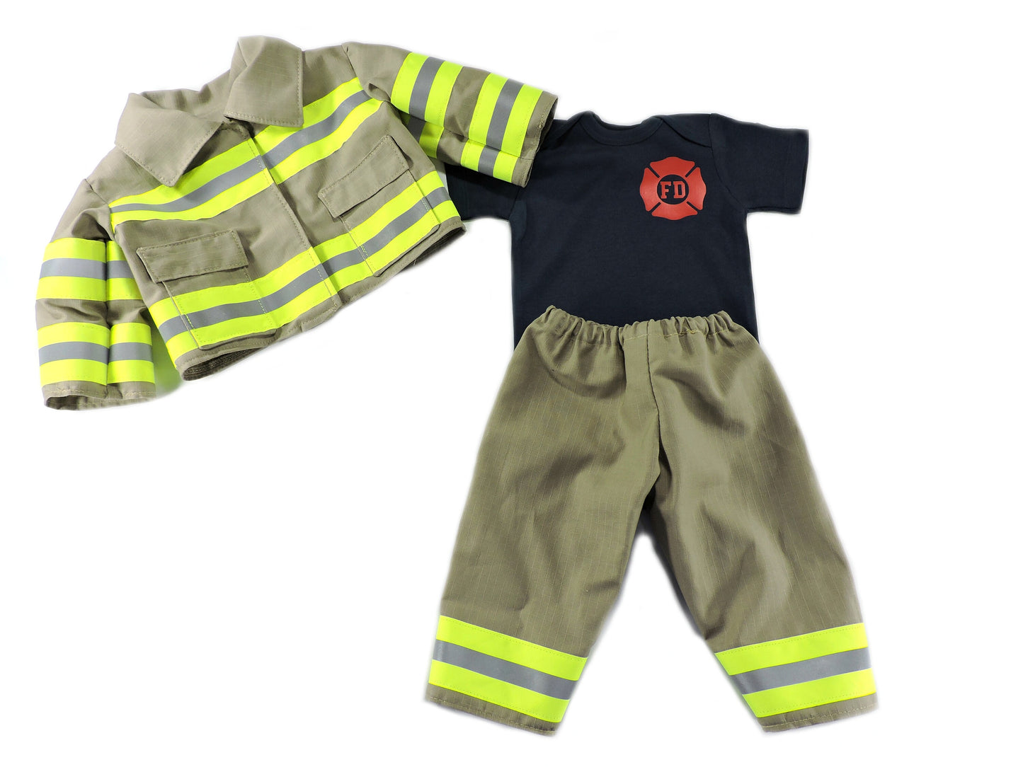 tan fabric Firefighter baby boy outfit and jacket 