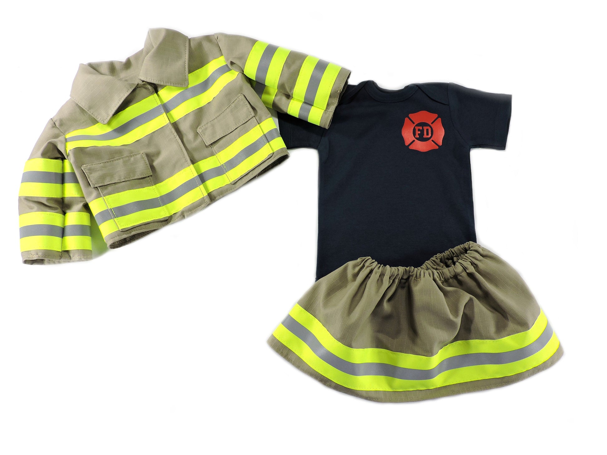 tan fabric Firefighter Baby Girl Outfit and Jacket