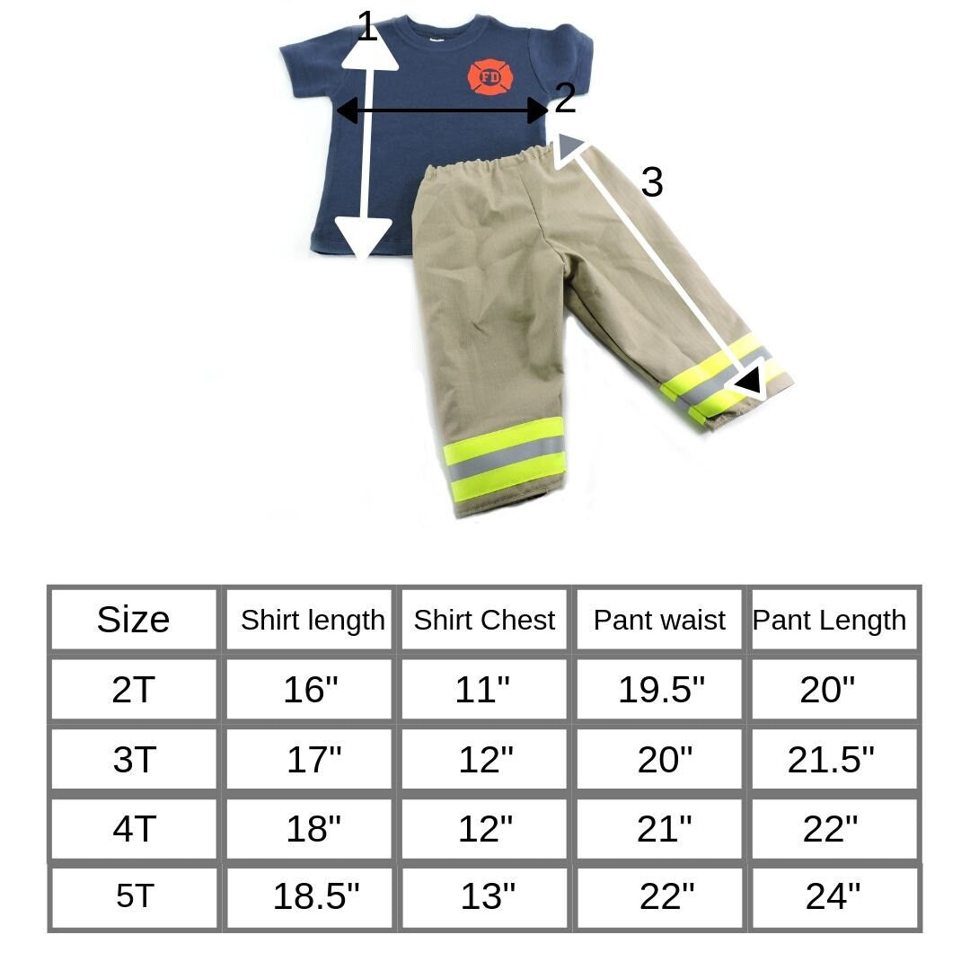 size chart for Firefighter toddler boy outfit 