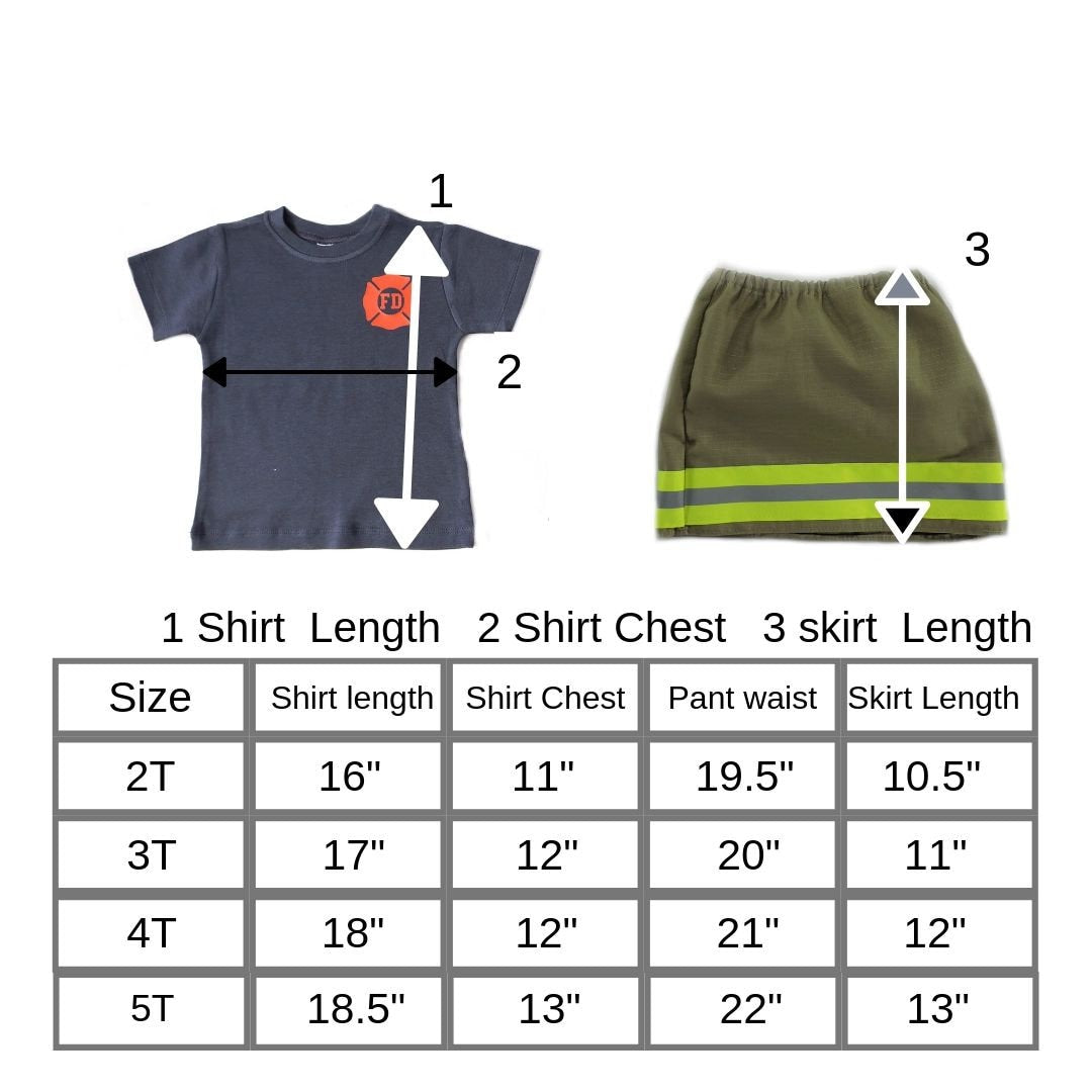 size chart for Firefighter toddler girl outfit 