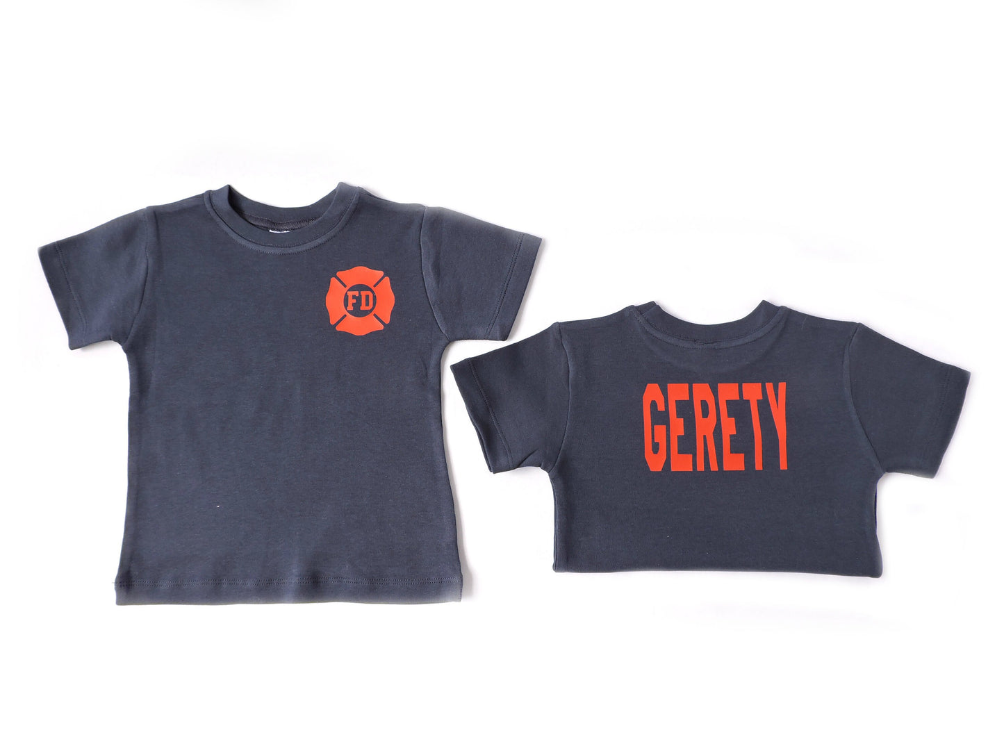 view of front and back of firefighter toddler shirt
