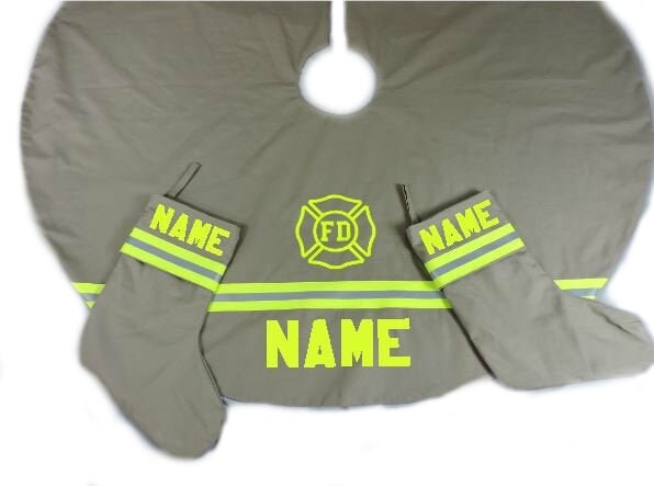 Tan Fabric Neon Yellow Reflective Tape Firefighter Christmas Tree Skirt and Christmas stocking set with name