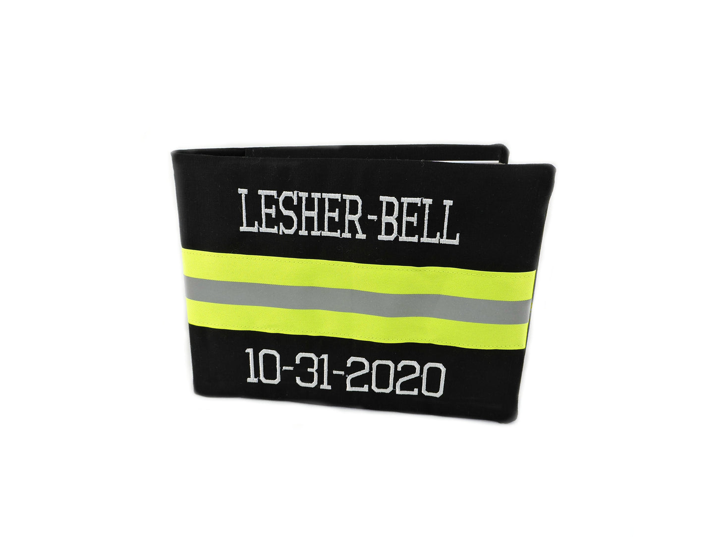 Black Fabric and Neon Yellow Reflective Tape Firefighter Wedding Guestbook with a name and wedding date added