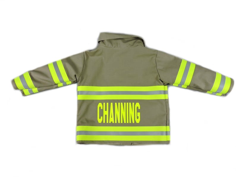 tan fabric back of Firefighter Baby Jacket with a name added