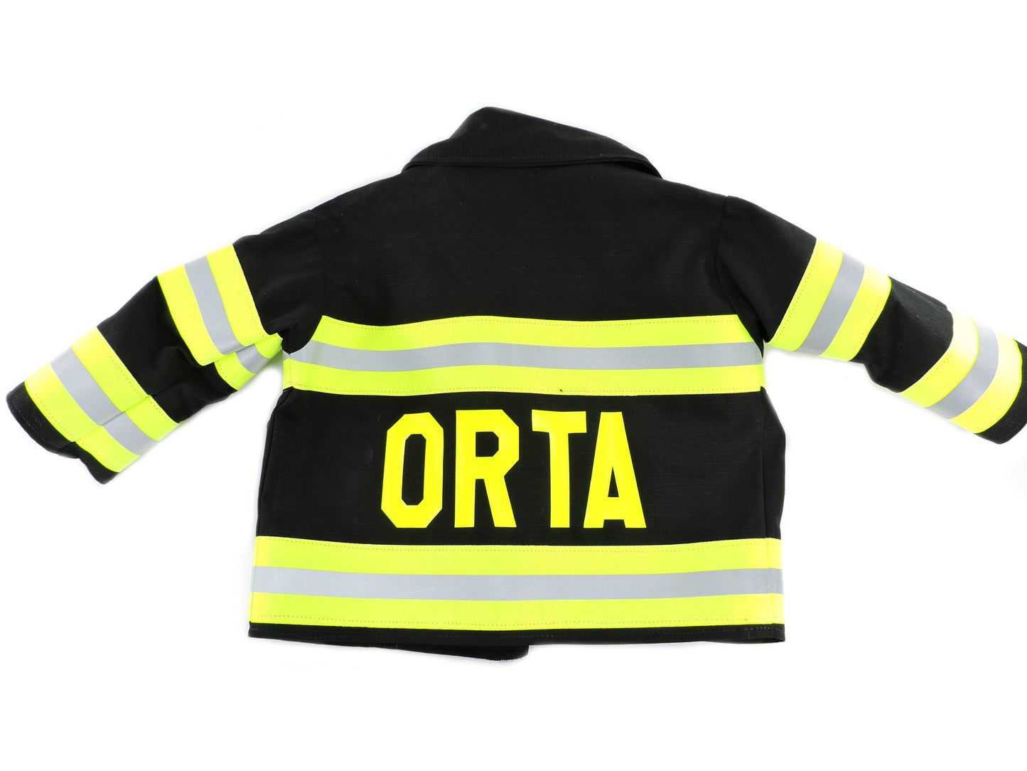 black fabric back of Firefighter Baby Jacket with a name added
