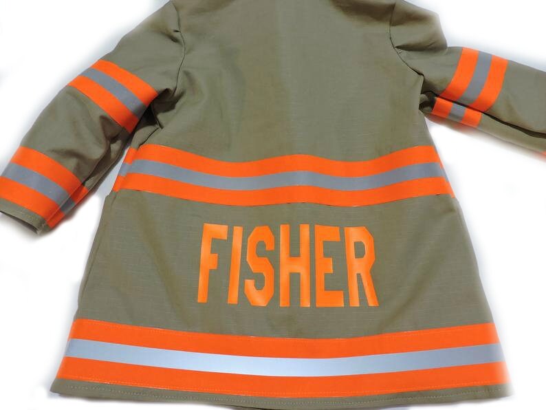 Tan Fabric Neon Orange Reflective Tape Firefighter toddler jacket  name added
