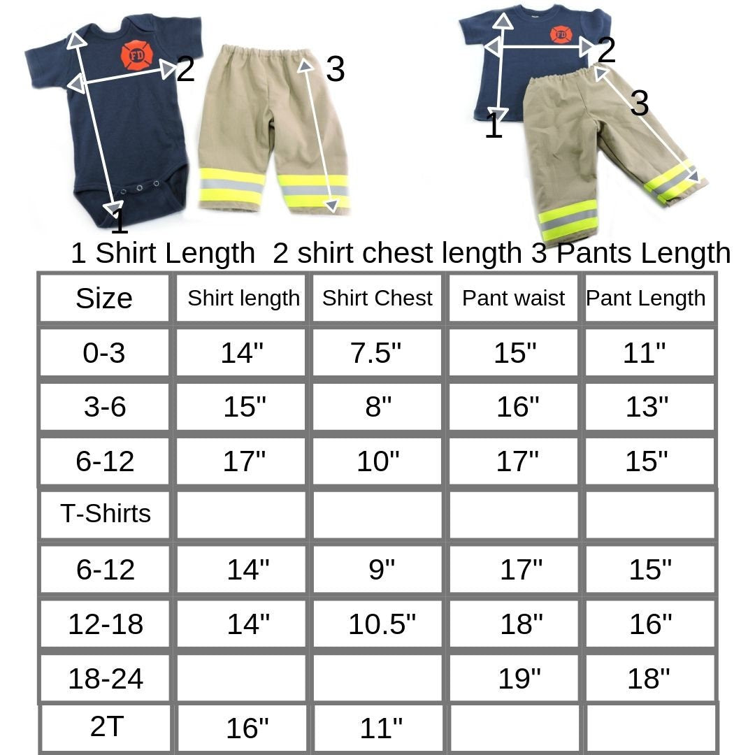 size chart for Baby Boy Firefighter Costume