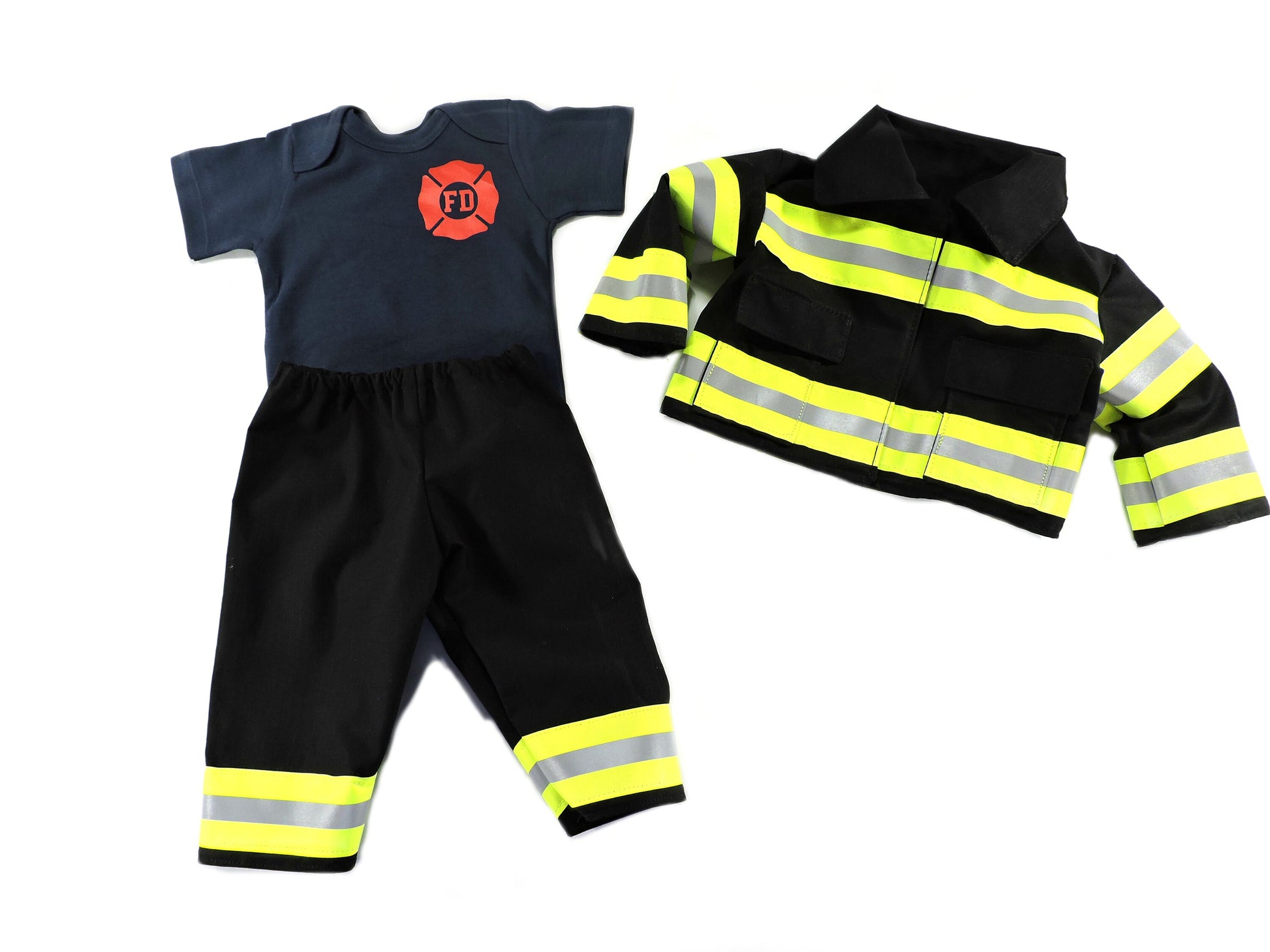 black fabric Firefighter baby boy outfit and jacket 