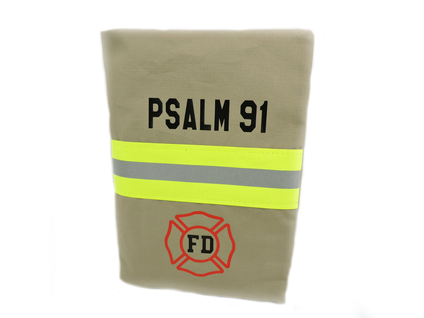Tan fabric neon yellow reflective tape Firefighter bible cover