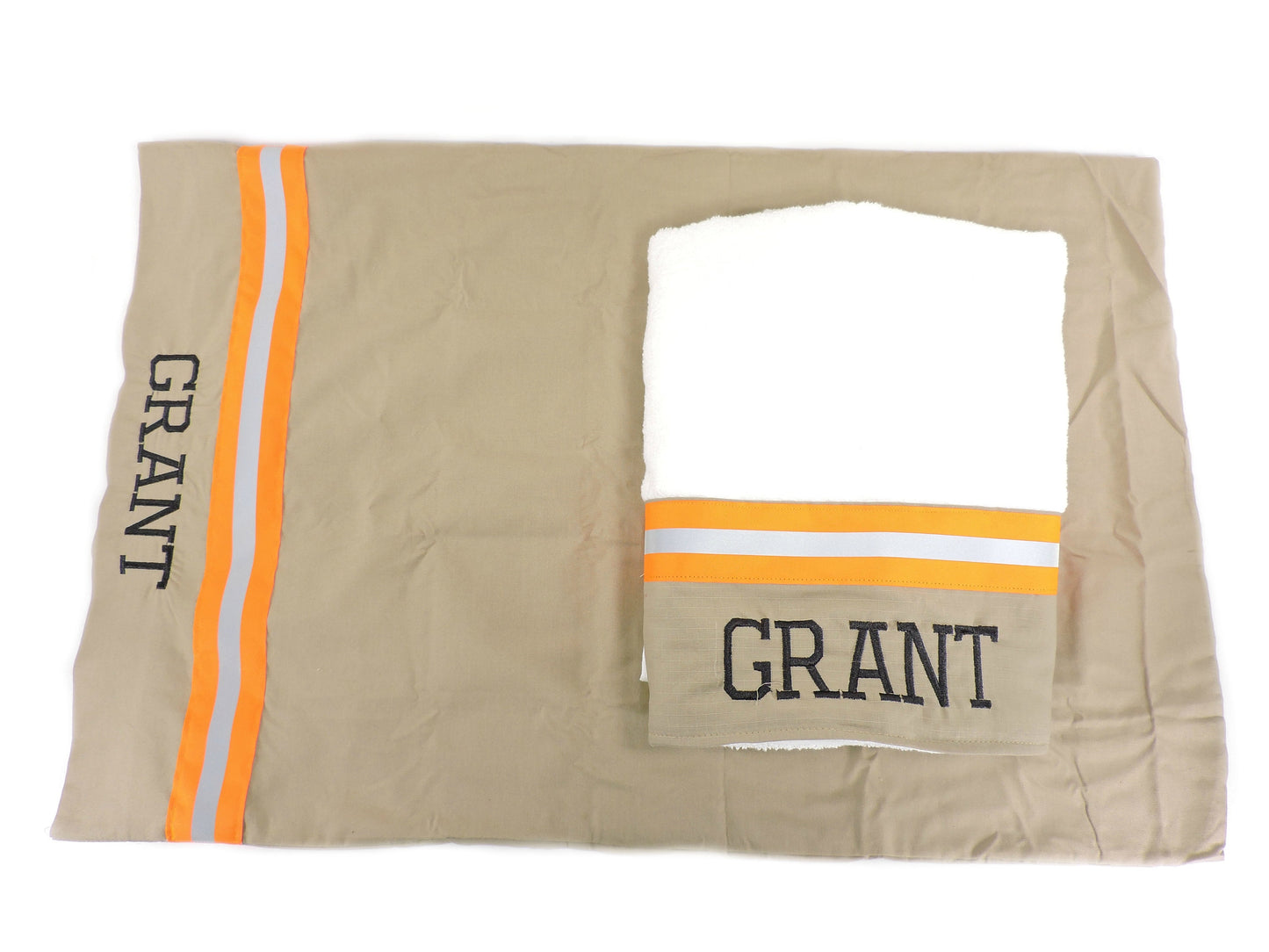 tan fabric neon orange reflective tape Firefighter gift set pillowcase and bath towel