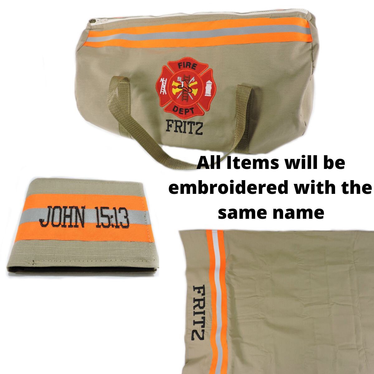 tan with neon orange Firefighter Gift Set Pillowcase, duffel bag, and wallet