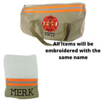 tan fabric with neon orange tape firefighter duffel bag and bath towel gift set
