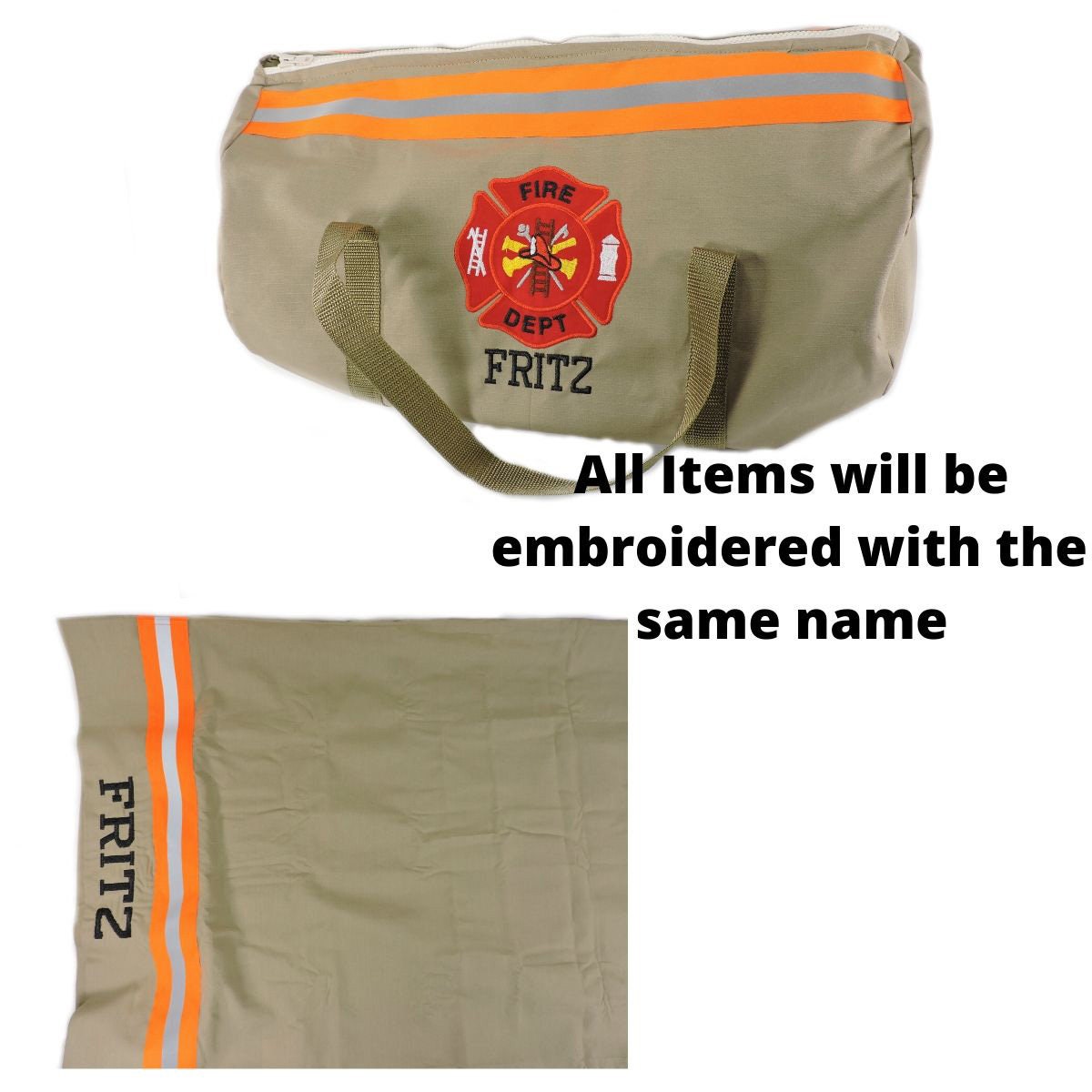 tan fabric with neon orange tape Firefighter Duffel Bag and pillowcase gift set