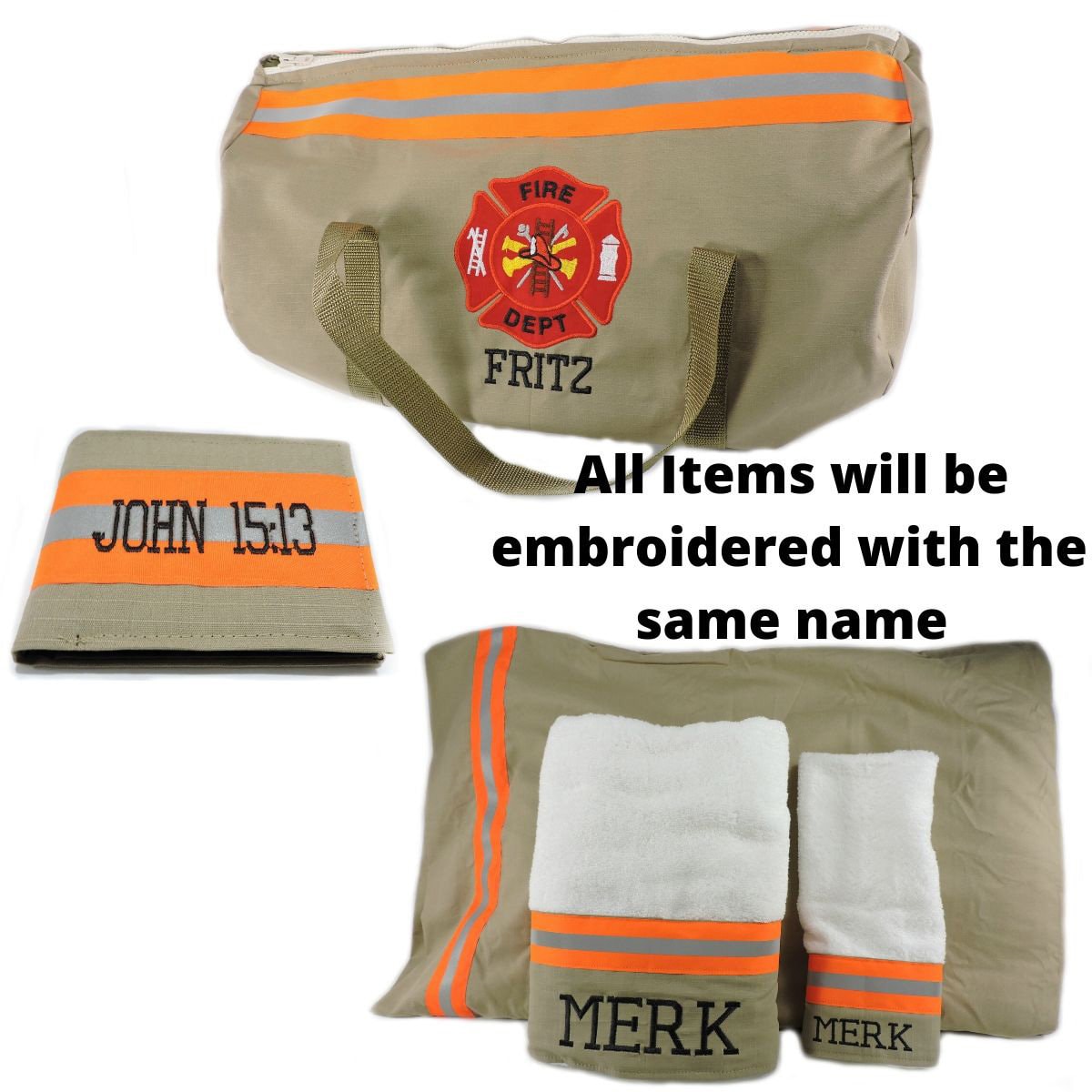 tan fabric neon orange Firefighter Gift set with firefighter duffle bag, bath and hand towel, wallet and pillowcase
