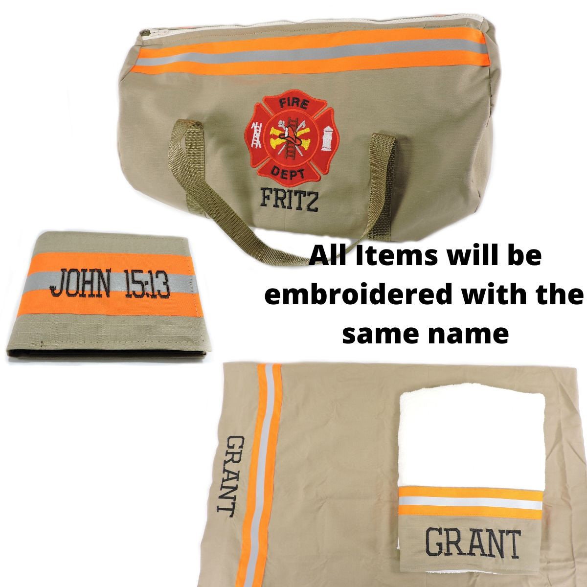 tan fabric neon orange tape Firefighter Duffel bag, pillowcase, bath towel, wallet gift set