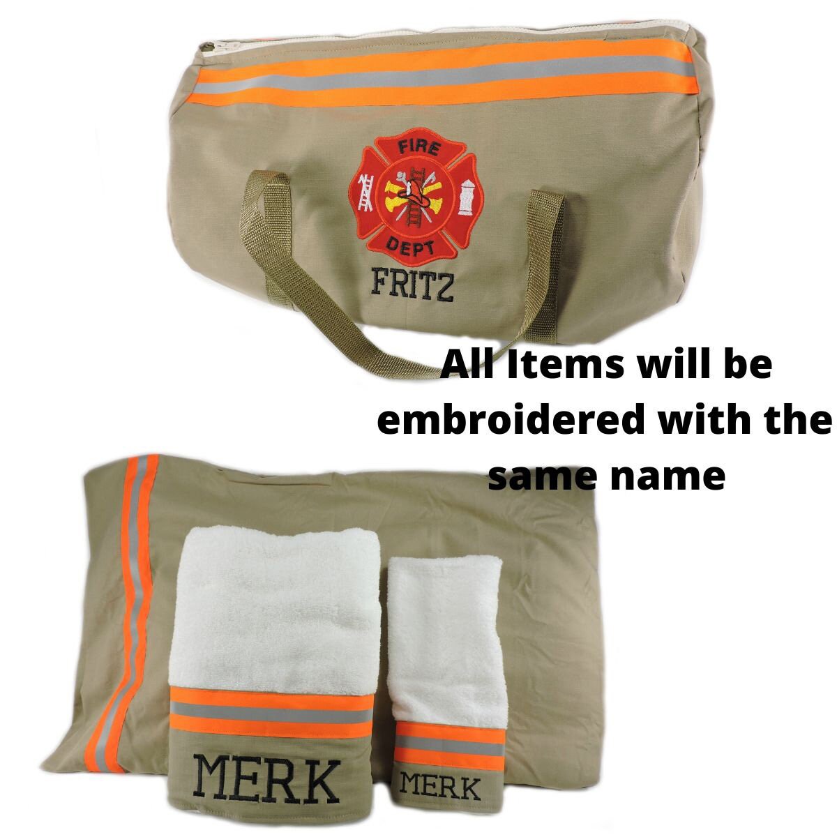 tan fabric neon orange tape firefighter duffel bag, pillowcase, bath and hand towel gift set