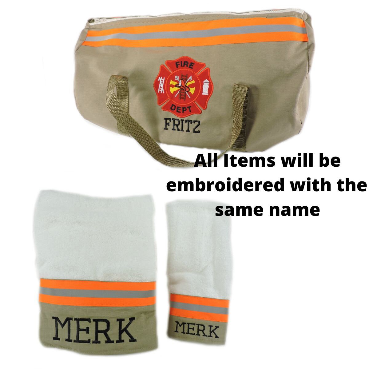 tan fabric neon orange Firefighter Duffel bag, bath and hand towel gift set