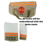 tan fabric neon orange Firefighter Duffel bag, bath and hand towel gift set