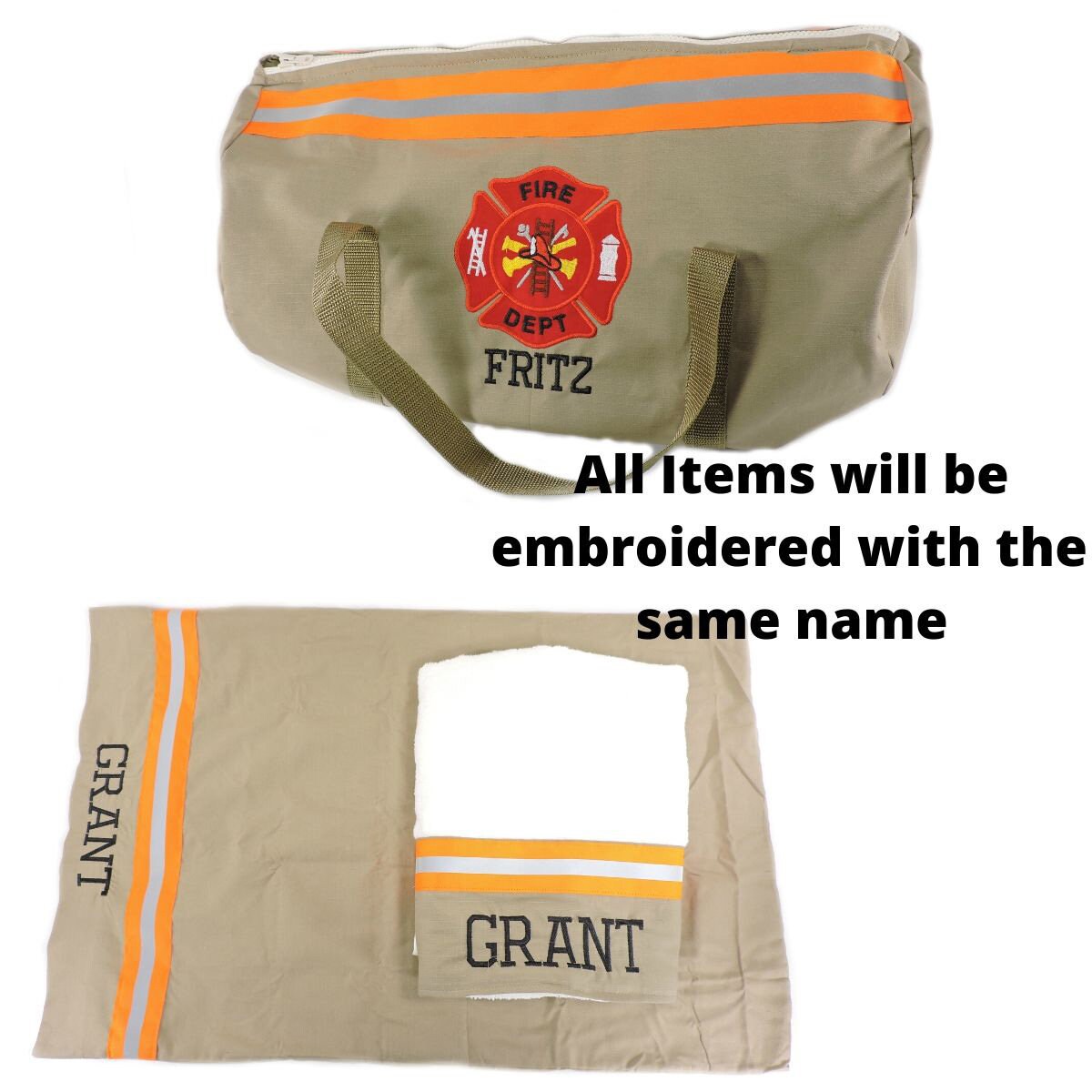 tan fabric neon orange tape Firefighter Duffel bag, pillowcase and bath towel gift set