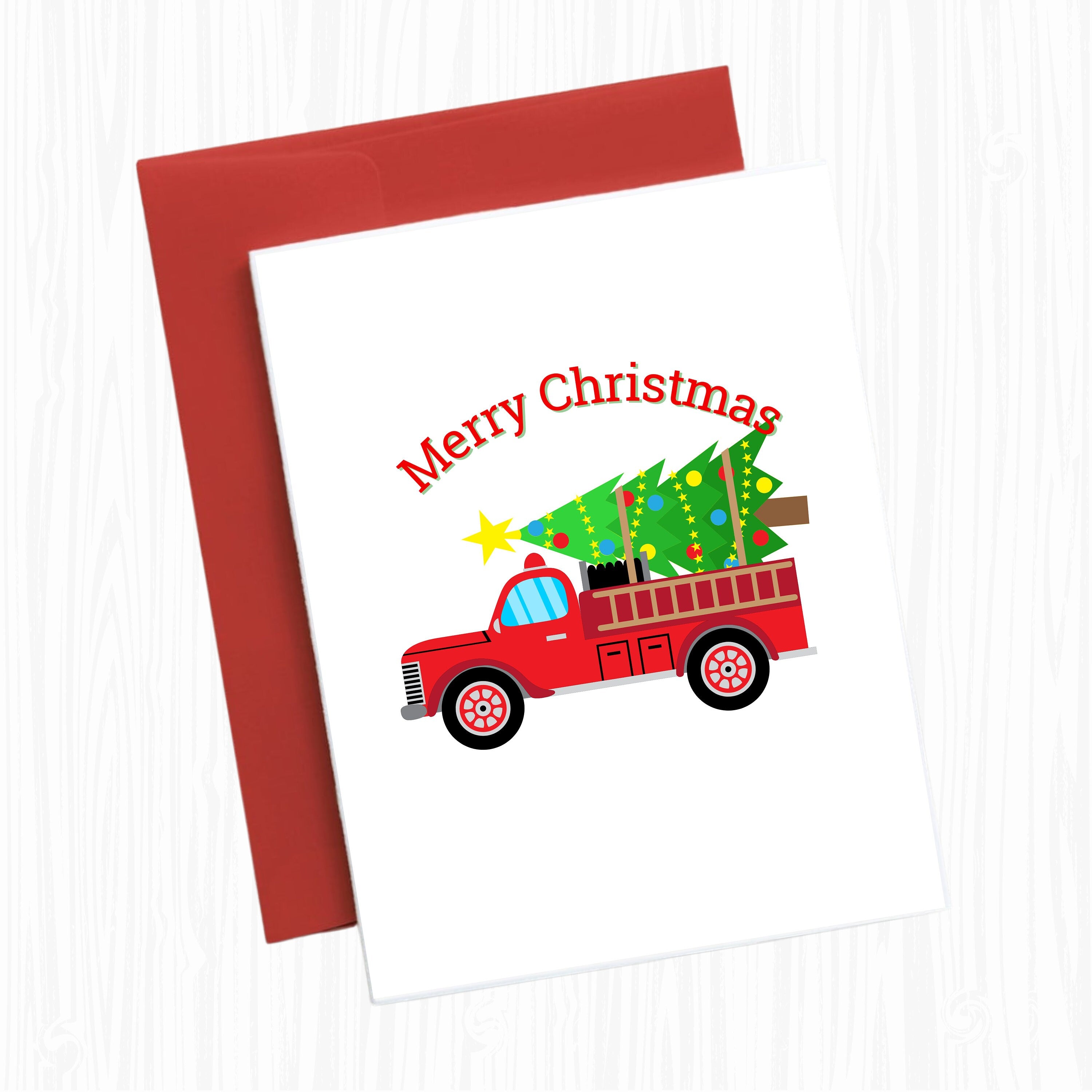 Merry Christmas Fire Truck Firefighter Christmas Card, PRINT AT HOME ...