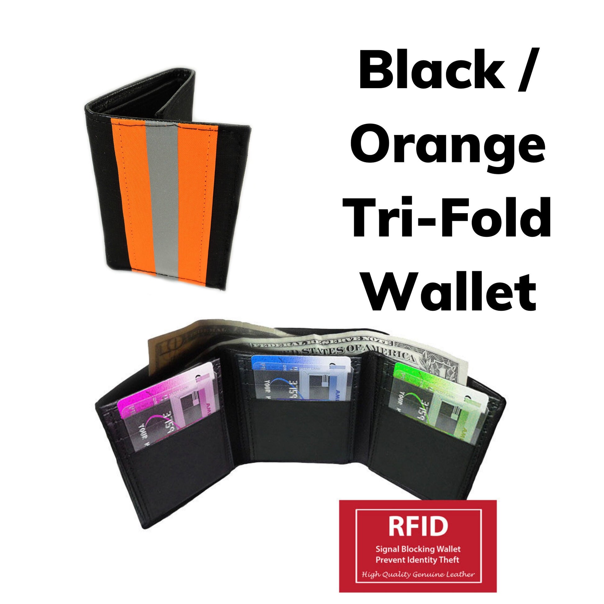 black fabric with orange reflective tape wallet with RFID