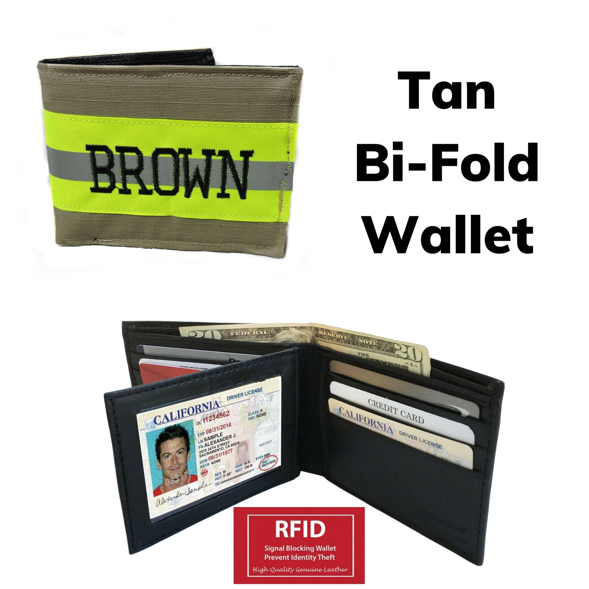 tan fabric bi-fold wallet with RFID 